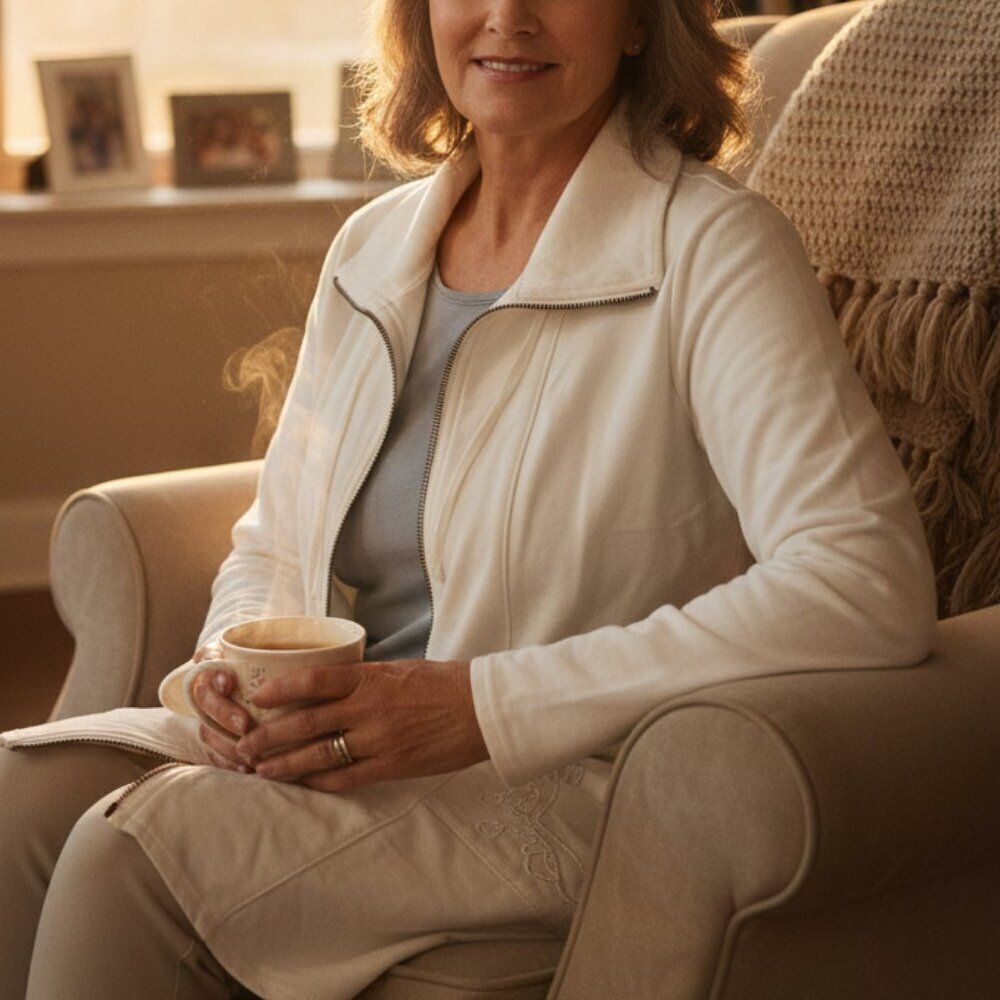 SOFT SURROUNDINGS Zip Tunic Jacket Warm White Embroidered Pockets Size Small